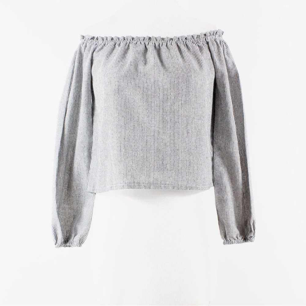 Brandy Melville - White Stripe Off Shoulder Elastic Cuff Cotton Top